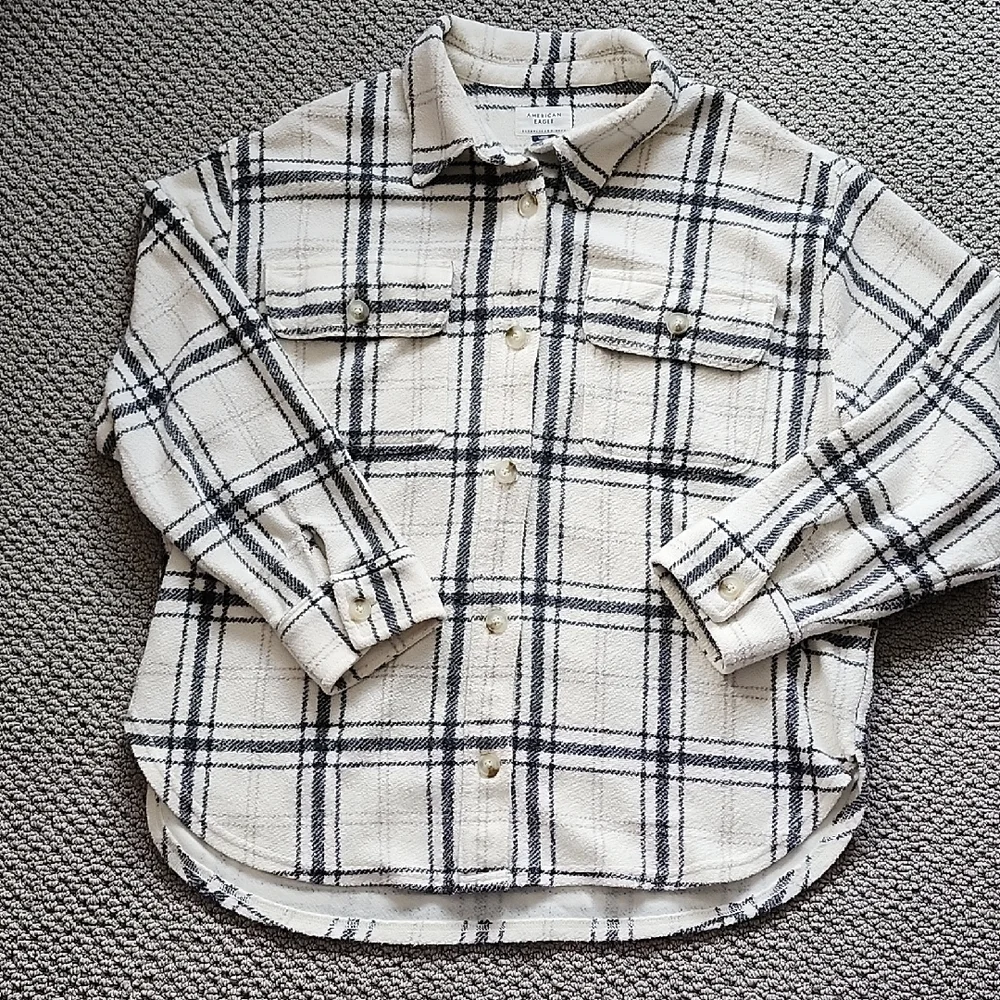 American Eagle Cream and Black Checkered Cotton Blend Shacket Women's Size Large - Picture 1 of 7